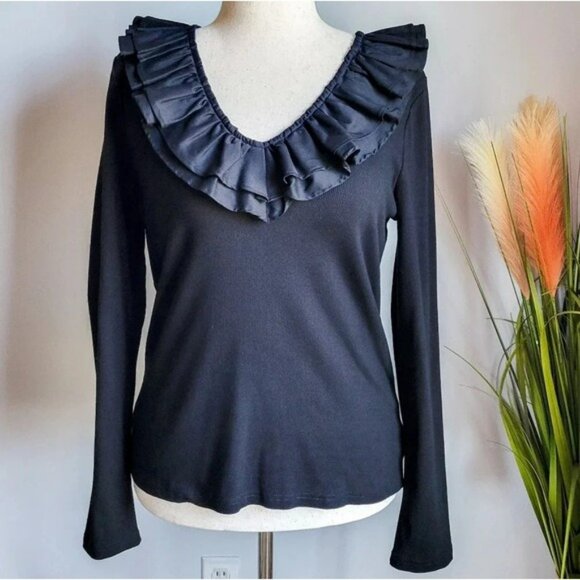 Anthropologie, New, Dolan Black Ruffled V-Neck Mixed Media Top, Size XL - Picture 2 of 12
